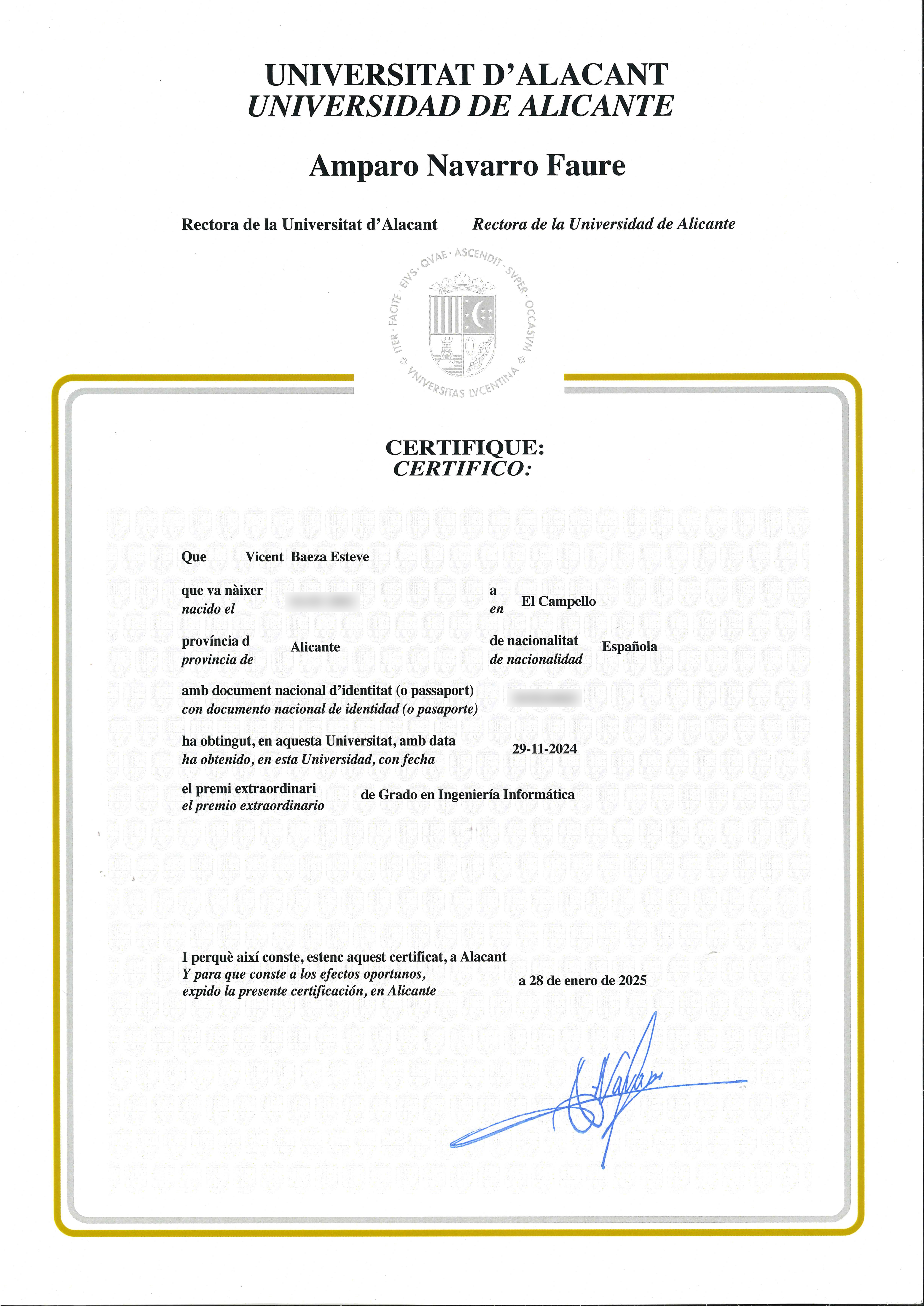 Certificate for the Extraordinary Award